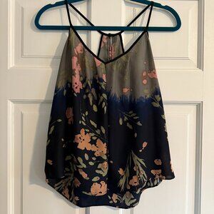 Silky Floral Tank Top – Navy & Tea Green with Delicate Details